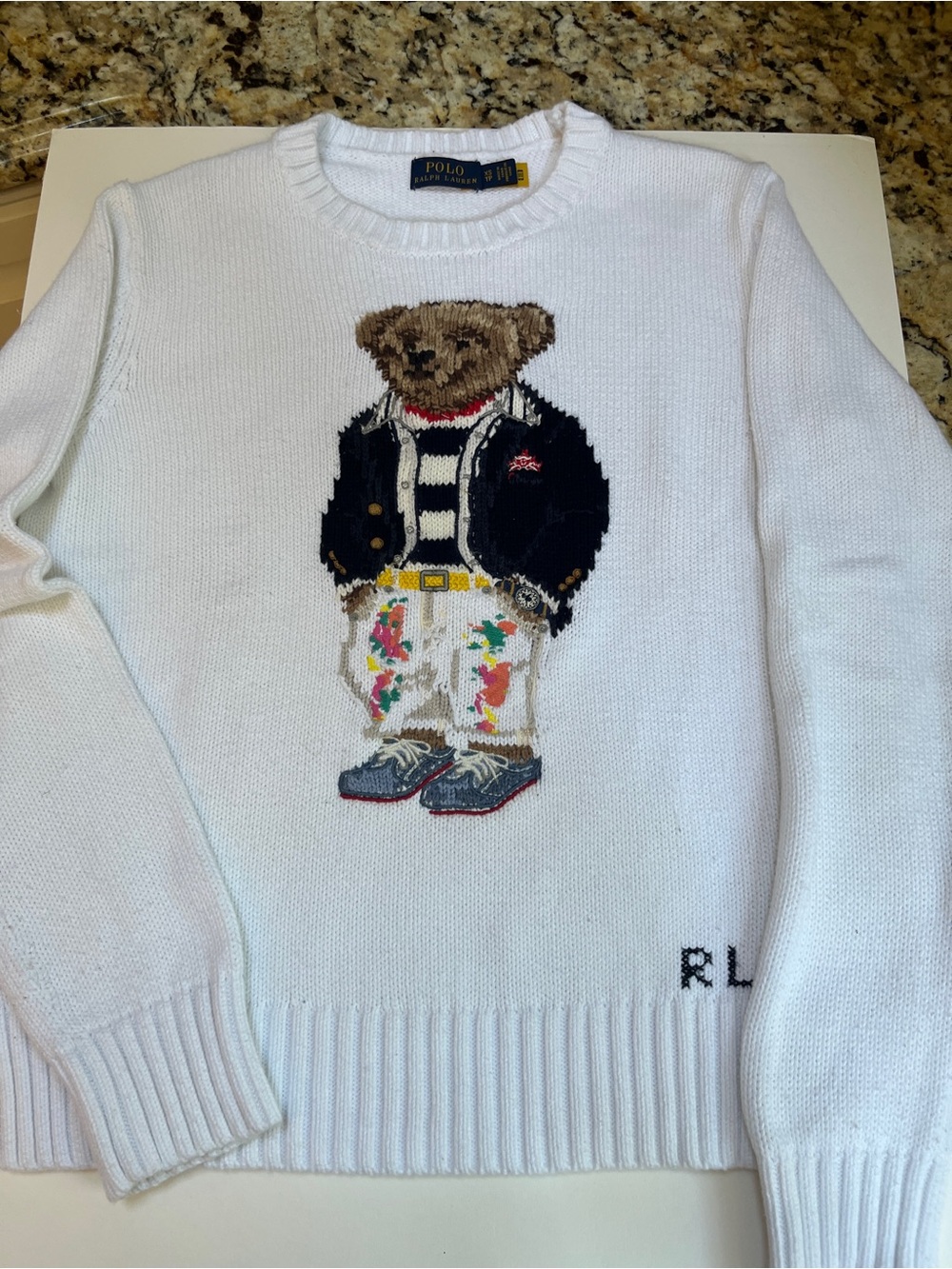 Polo by Ralph Lauren White Crewneck Sweater with Bear Intarsia